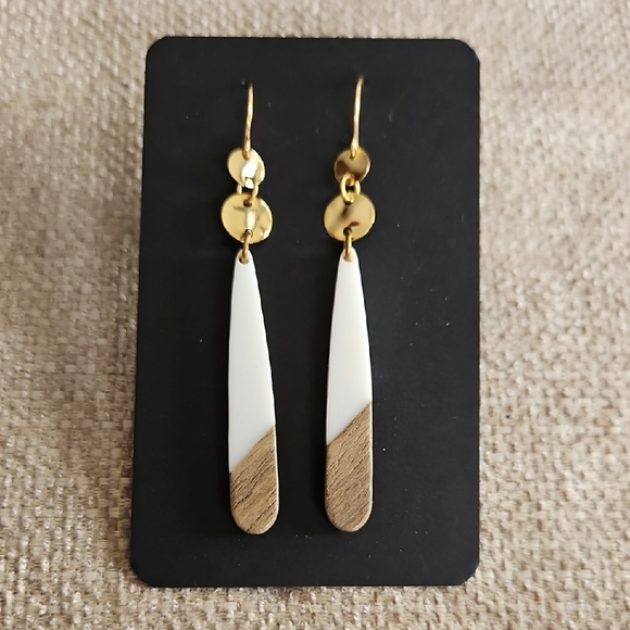 Jewelry - Gold & White Drop Earrings with Wood Accent
